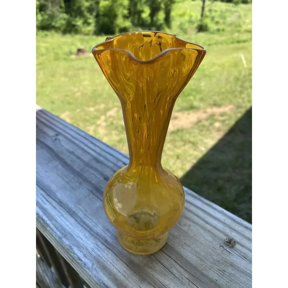 Vintage Orange White Swirl Art Glass Vase Ruffle Rim 6.5 Inch